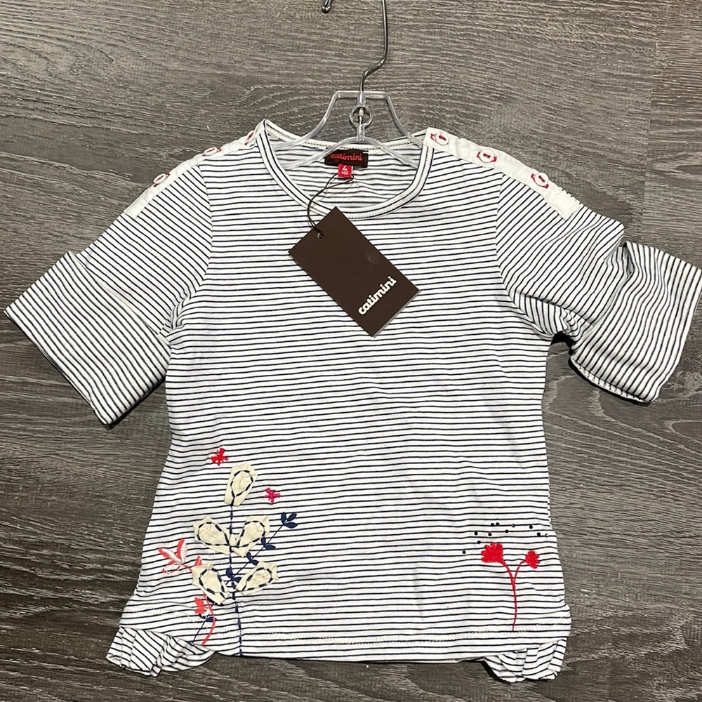 NWT Catamini Girls Navy Striped Cuff Sleeves Top